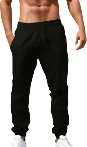 Mens Linen Drawstring Pants Elastic Waist Lightweight Trouser Casual Straight-Leg Yoga Summer Beach Pants