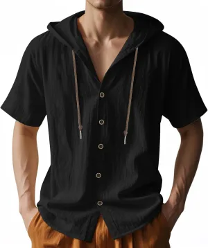 Mens Linen Hoodies Short Sleeve Button Down Shirts Casual Hawaiian Beach Yoga Sweatshirts