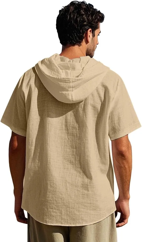 Mens Linen Hoodies Short Sleeve Button Down Shirts Casual Hawaiian Beach Yoga Sweatshirts