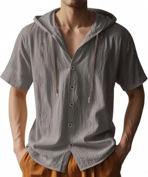 Mens Linen Hoodies Short Sleeve Button Down Shirts Casual Hawaiian Beach Yoga Sweatshirts