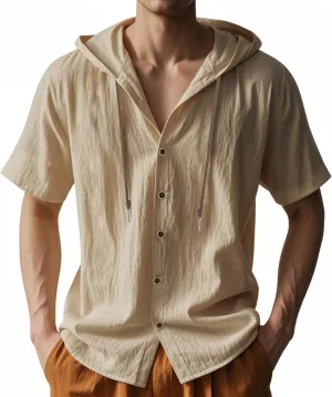 Mens Linen Hoodies Short Sleeve Button Down Shirts Casual Hawaiian Beach Yoga Sweatshirts