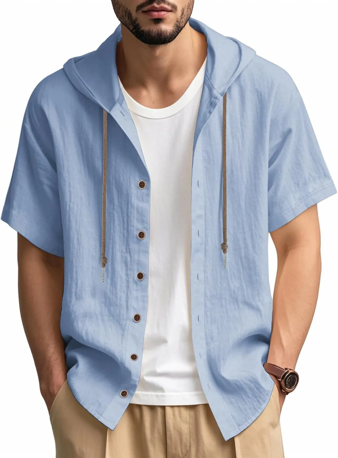 Mens Linen Hoodies Short Sleeve Button Down Shirts Casual Hawaiian Beach Yoga Sweatshirts