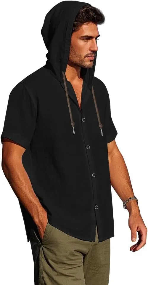Mens Linen Hoodies Short Sleeve Button Down Shirts Casual Hawaiian Beach Yoga Sweatshirts