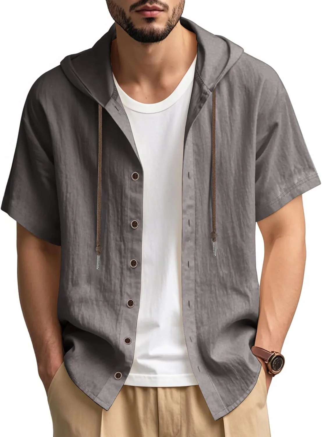 Mens Linen Hoodies Short Sleeve Button Down Shirts Casual Hawaiian Beach Yoga Sweatshirts
