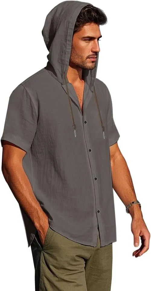 Mens Linen Hoodies Short Sleeve Button Down Shirts Casual Hawaiian Beach Yoga Sweatshirts