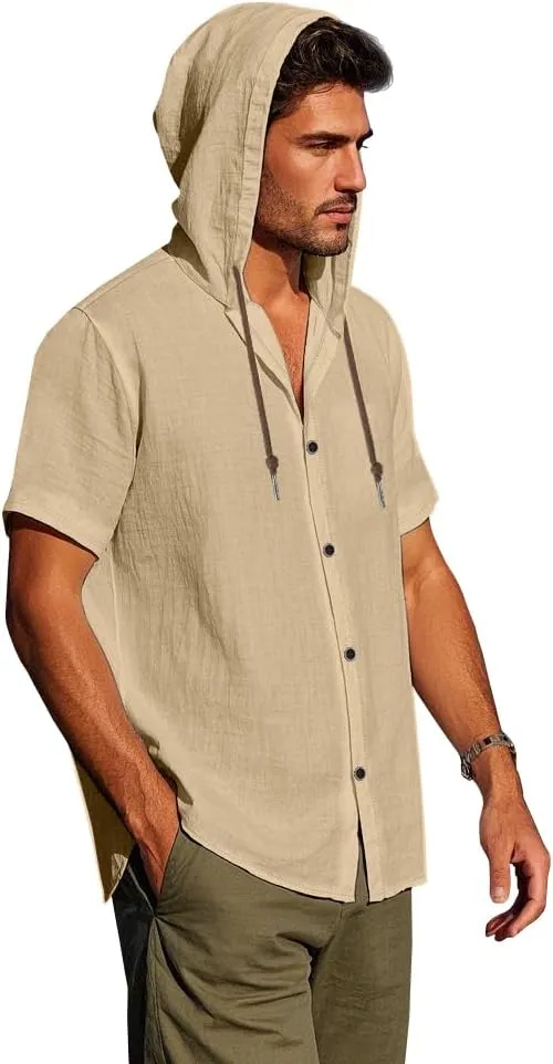 Mens Linen Hoodies Short Sleeve Button Down Shirts Casual Hawaiian Beach Yoga Sweatshirts