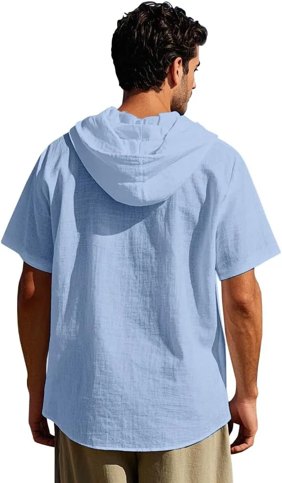 Mens Linen Hoodies Short Sleeve Button Down Shirts Casual Hawaiian Beach Yoga Sweatshirts