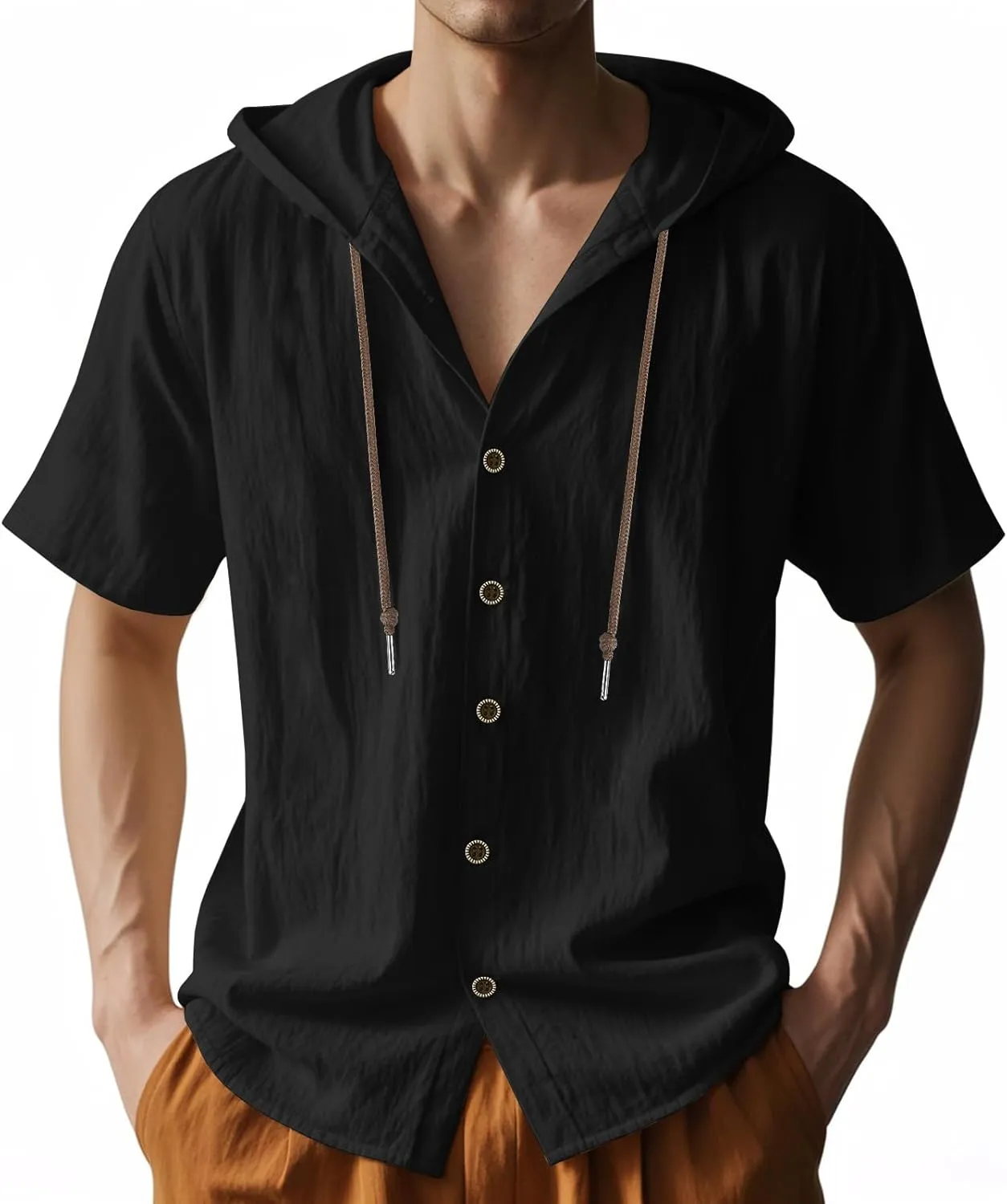 Mens Linen Hoodies Short Sleeve Button Down Shirts Casual Hawaiian Beach Yoga Sweatshirts