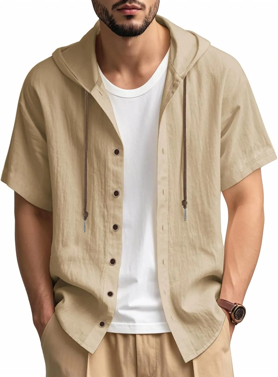 Mens Linen Hoodies Short Sleeve Button Down Shirts Casual Hawaiian Beach Yoga Sweatshirts