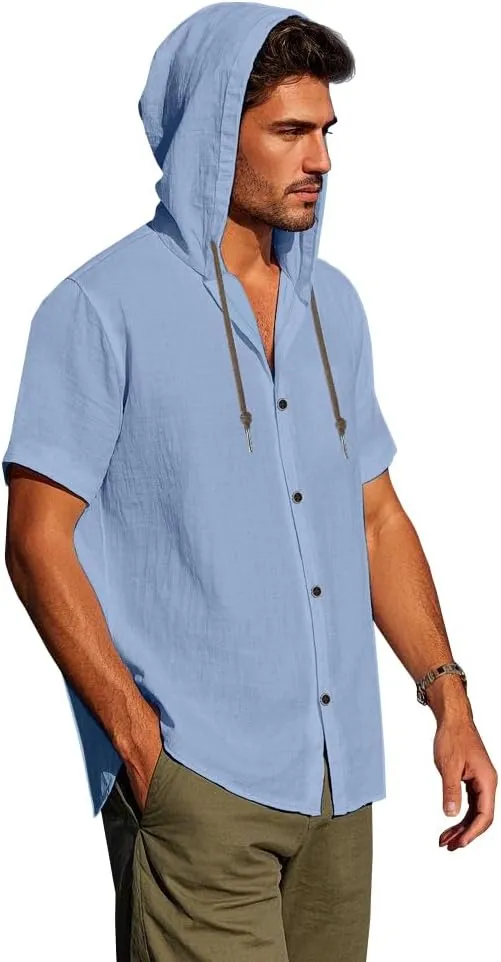 Mens Linen Hoodies Short Sleeve Button Down Shirts Casual Hawaiian Beach Yoga Sweatshirts