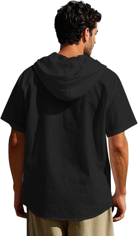 Mens Linen Hoodies Short Sleeve Button Down Shirts Casual Hawaiian Beach Yoga Sweatshirts