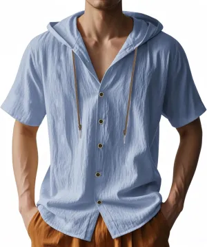 Mens Linen Hoodies Short Sleeve Button Down Shirts Casual Hawaiian Beach Yoga Sweatshirts
