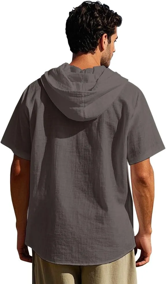 Mens Linen Hoodies Short Sleeve Button Down Shirts Casual Hawaiian Beach Yoga Sweatshirts