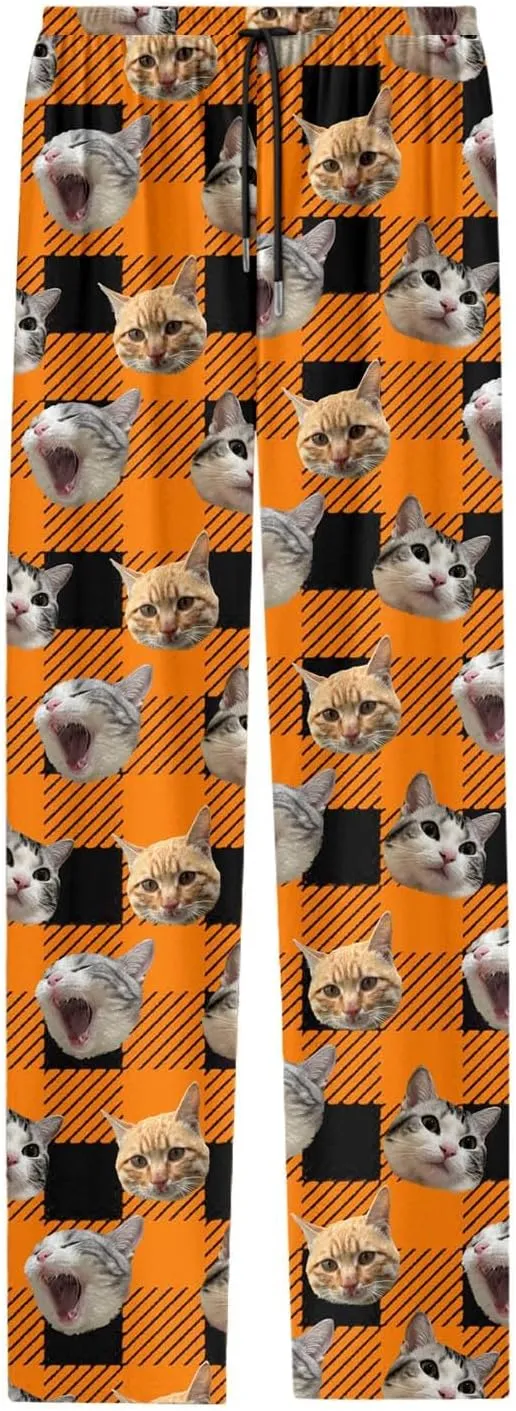 Mens Pajama Pants Plaid Pajama Pants Funny Cat Print Pajamas Pj Baggy Drawstring Sleep Lounge Bottoms with Pockets