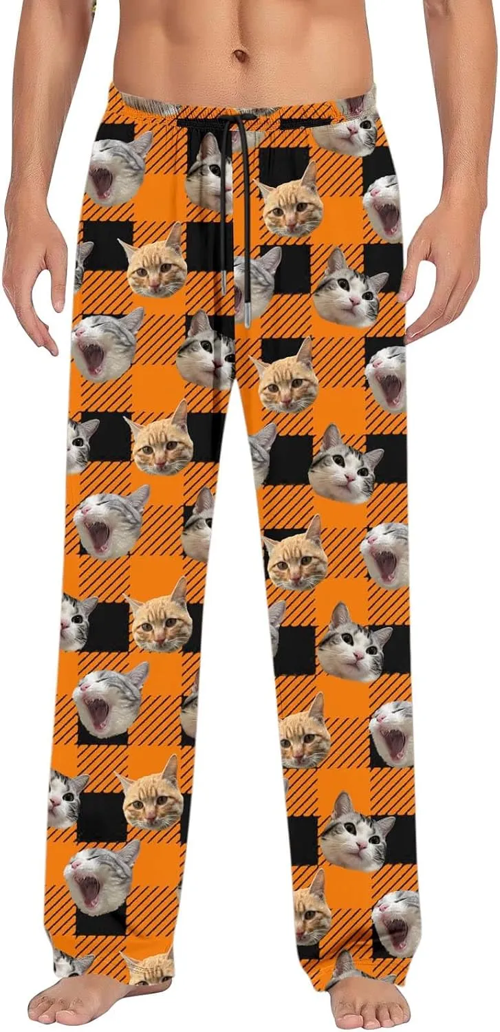 Mens Pajama Pants Plaid Pajama Pants Funny Cat Print Pajamas Pj Baggy Drawstring Sleep Lounge Bottoms with Pockets