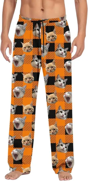 Mens Pajama Pants Plaid Pajama Pants Funny Cat Print Pajamas Pj Baggy Drawstring Sleep Lounge Bottoms with Pockets