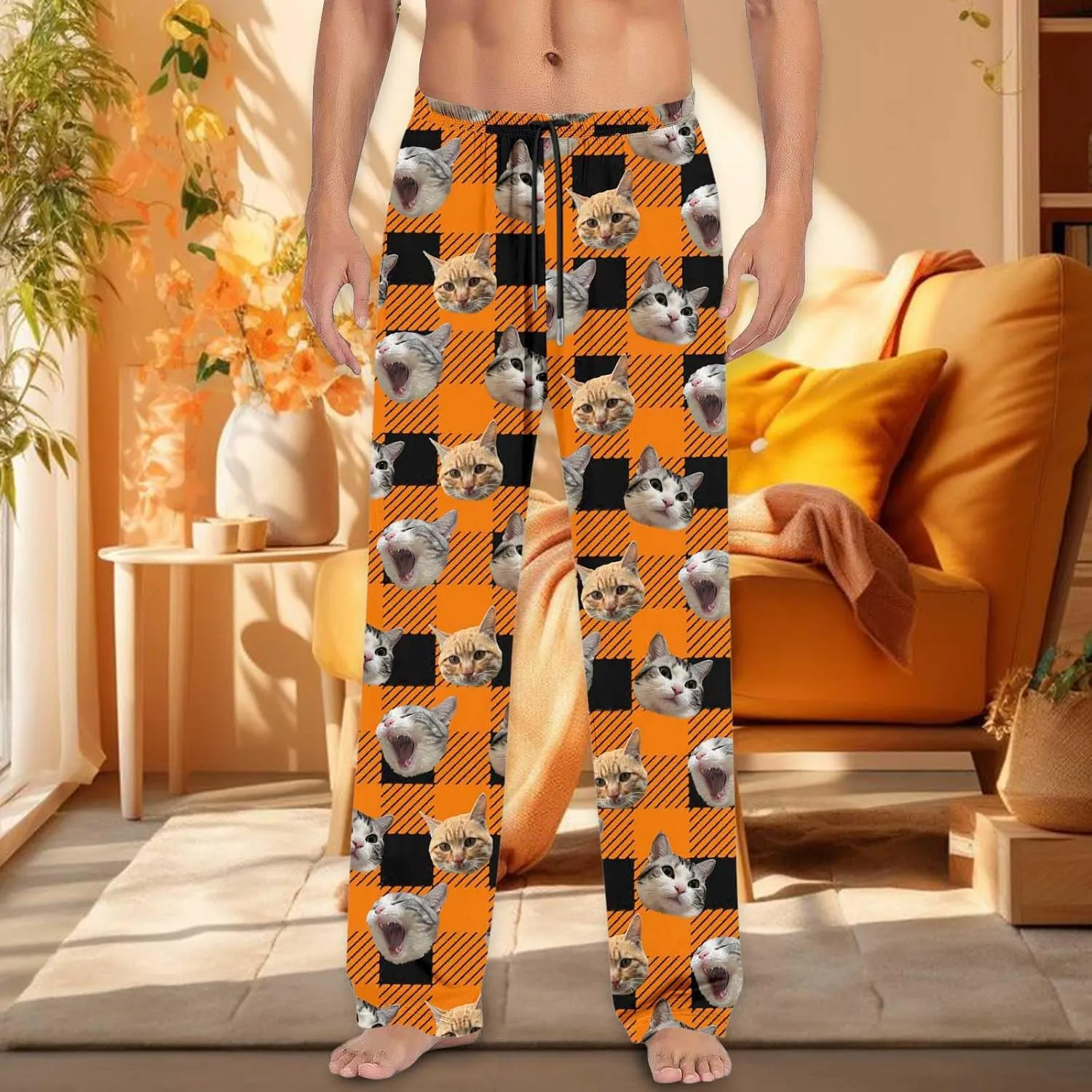 Mens Pajama Pants Plaid Pajama Pants Funny Cat Print Pajamas Pj Baggy Drawstring Sleep Lounge Bottoms with Pockets
