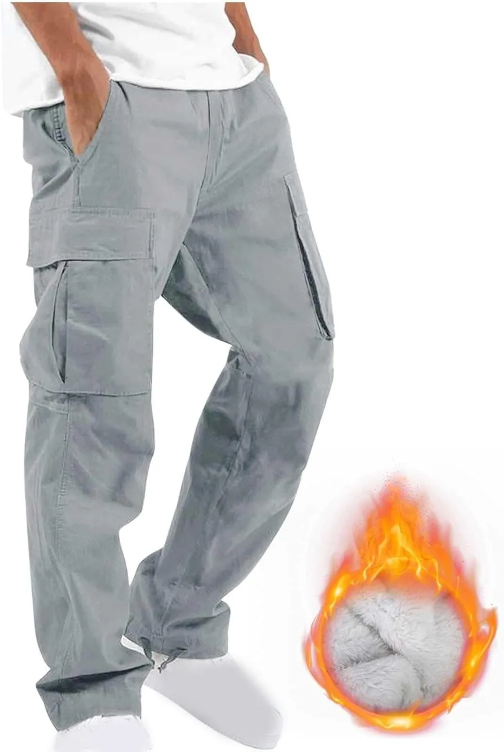 Mens Pants Casual Cotton Multi Pockets Solid Plush Thickened Cargo Pants Performance Utility Trousers Sweatpants