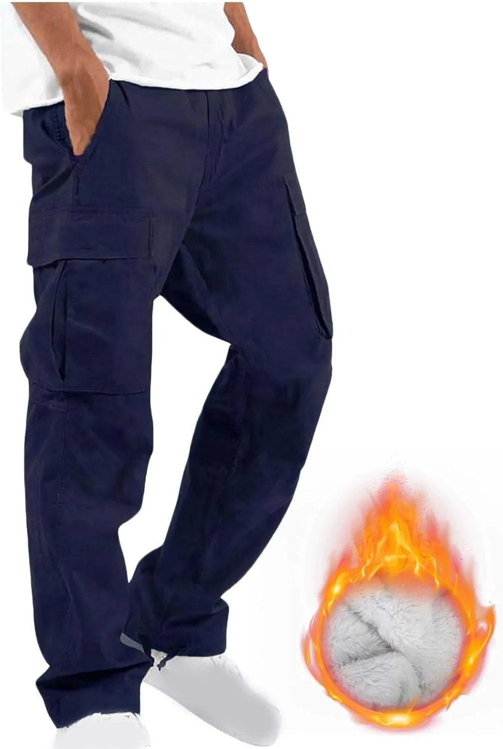 Mens Pants Casual Cotton Multi Pockets Solid Plush Thickened Cargo Pants Performance Utility Trousers Sweatpants