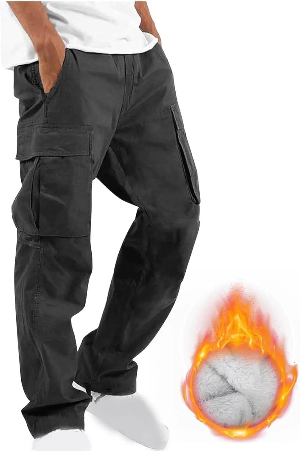 Mens Pants Casual Cotton Multi Pockets Solid Plush Thickened Cargo Pants Performance Utility Trousers Sweatpants