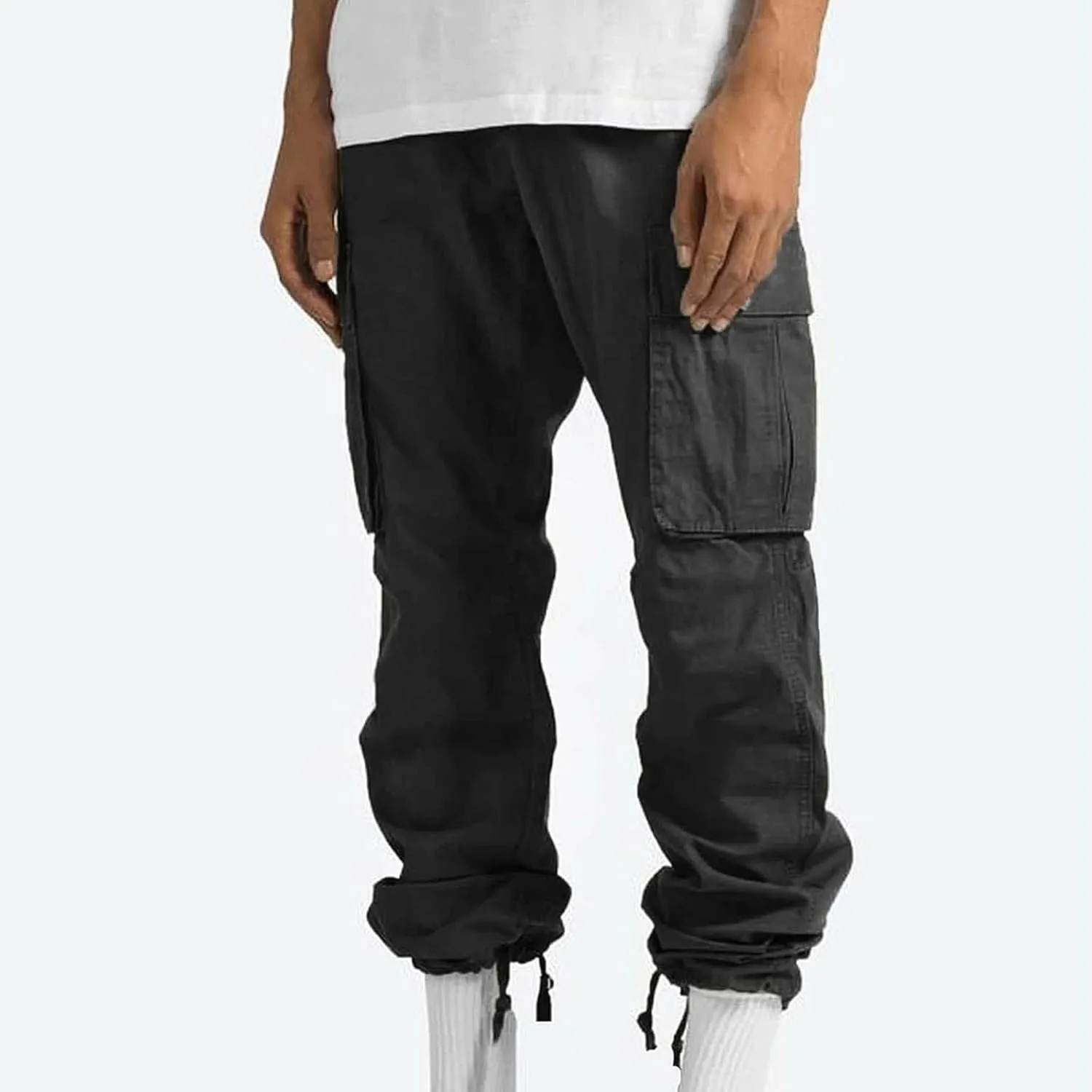 Mens Pants Casual Cotton Multi Pockets Solid Plush Thickened Cargo Pants Performance Utility Trousers Sweatpants