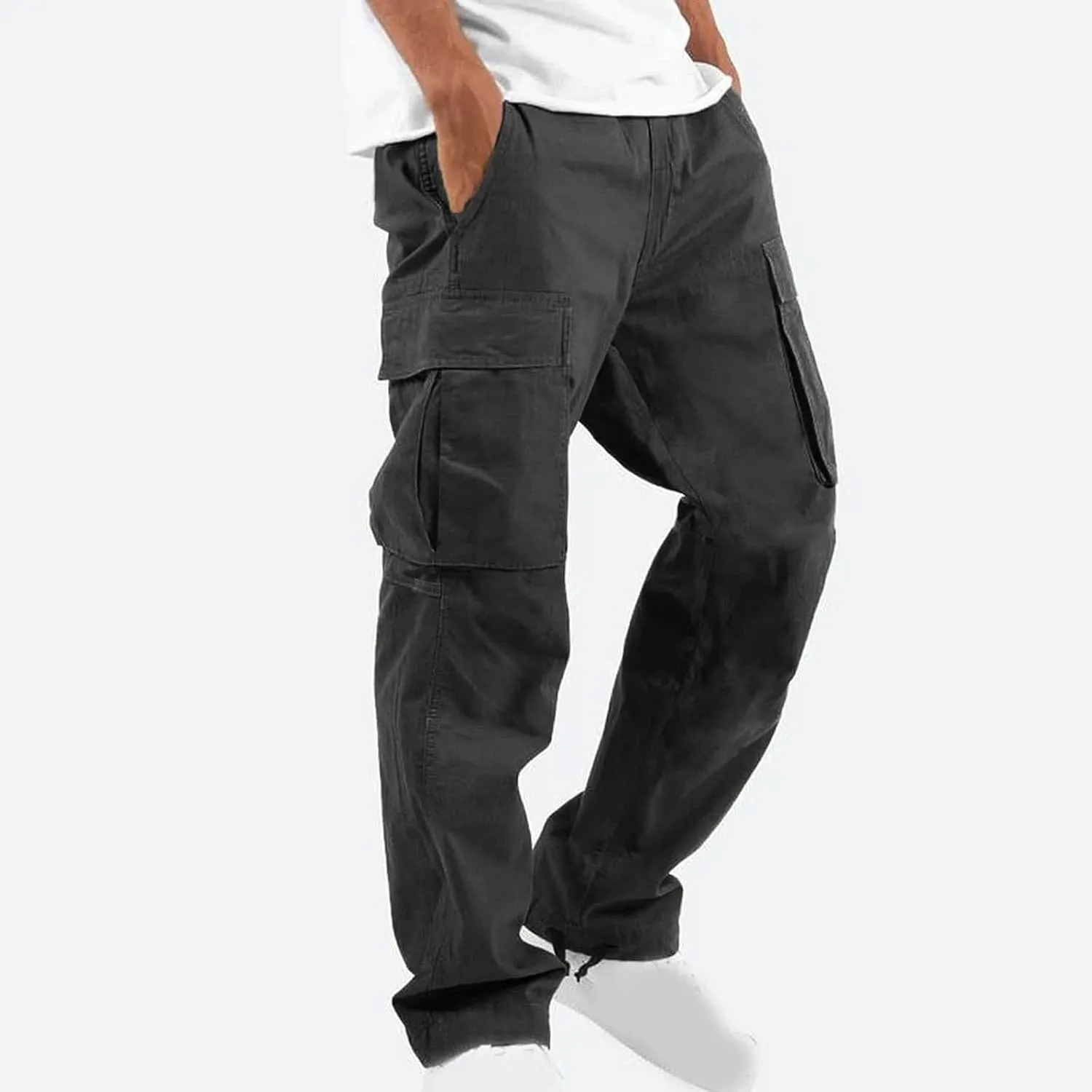 Mens Pants Casual Cotton Multi Pockets Solid Plush Thickened Cargo Pants Performance Utility Trousers Sweatpants