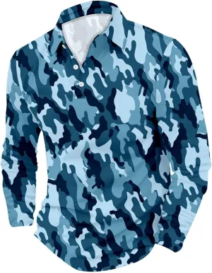Mens Polo Shirts Camo Quarter Button Shirts Casual Classic Lightweight Long Sleeve Golf Collared Shirt Athletic Tops
