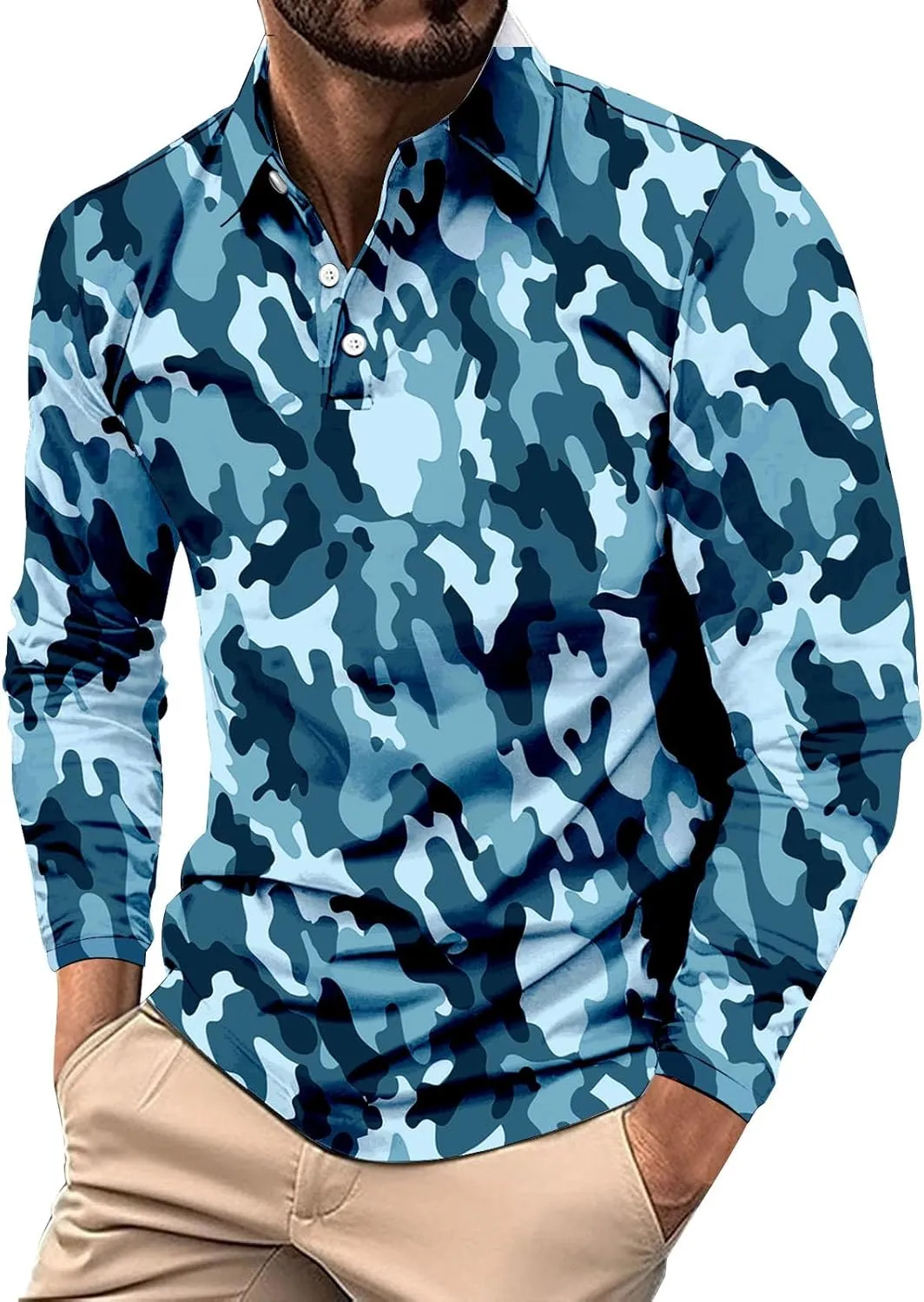 Mens Polo Shirts Camo Quarter Button Shirts Casual Classic Lightweight Long Sleeve Golf Collared Shirt Athletic Tops