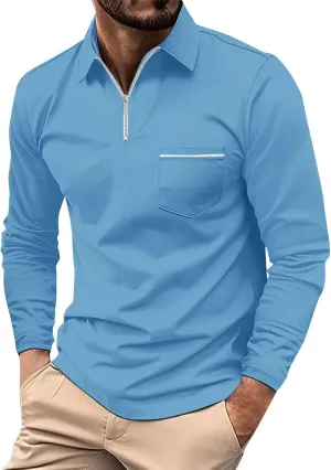 Men's Polo Shirts Zipper Shirts Casual Knit Long Sleeve T Shirt Classic Fit Tops With Pocket Gift, S-3XL