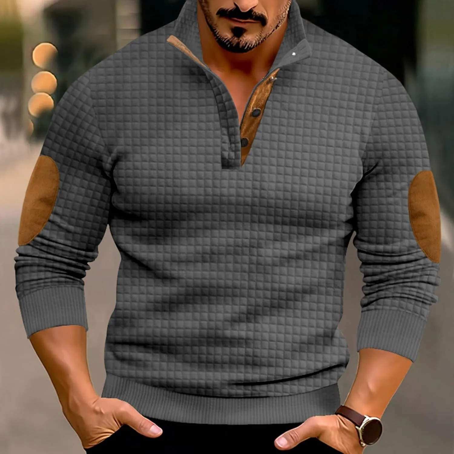 Men's Quarter Button Pullover Long Sleeve Casual Polo Sweatshirt Slim Fit V Neck Sweatshirt Sweaters Basic Tees Tops