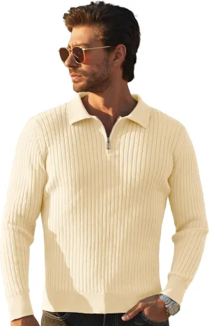 Men's Quarter Zip Up Sweater Slim Fit Mock Neck Long Sleeve Casual Ribbed Knit Sweater