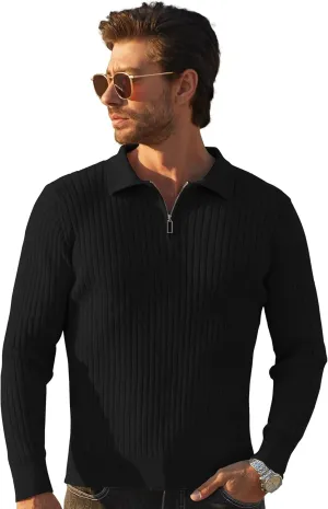 Men's Quarter Zip Up Sweater Slim Fit Mock Neck Long Sleeve Casual Ribbed Knit Sweater