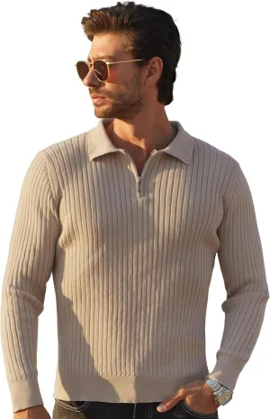 Men's Quarter Zip Up Sweater Slim Fit Mock Neck Long Sleeve Casual Ribbed Knit Sweater