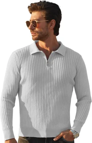 Men's Quarter Zip Up Sweater Slim Fit Mock Neck Long Sleeve Casual Ribbed Knit Sweater