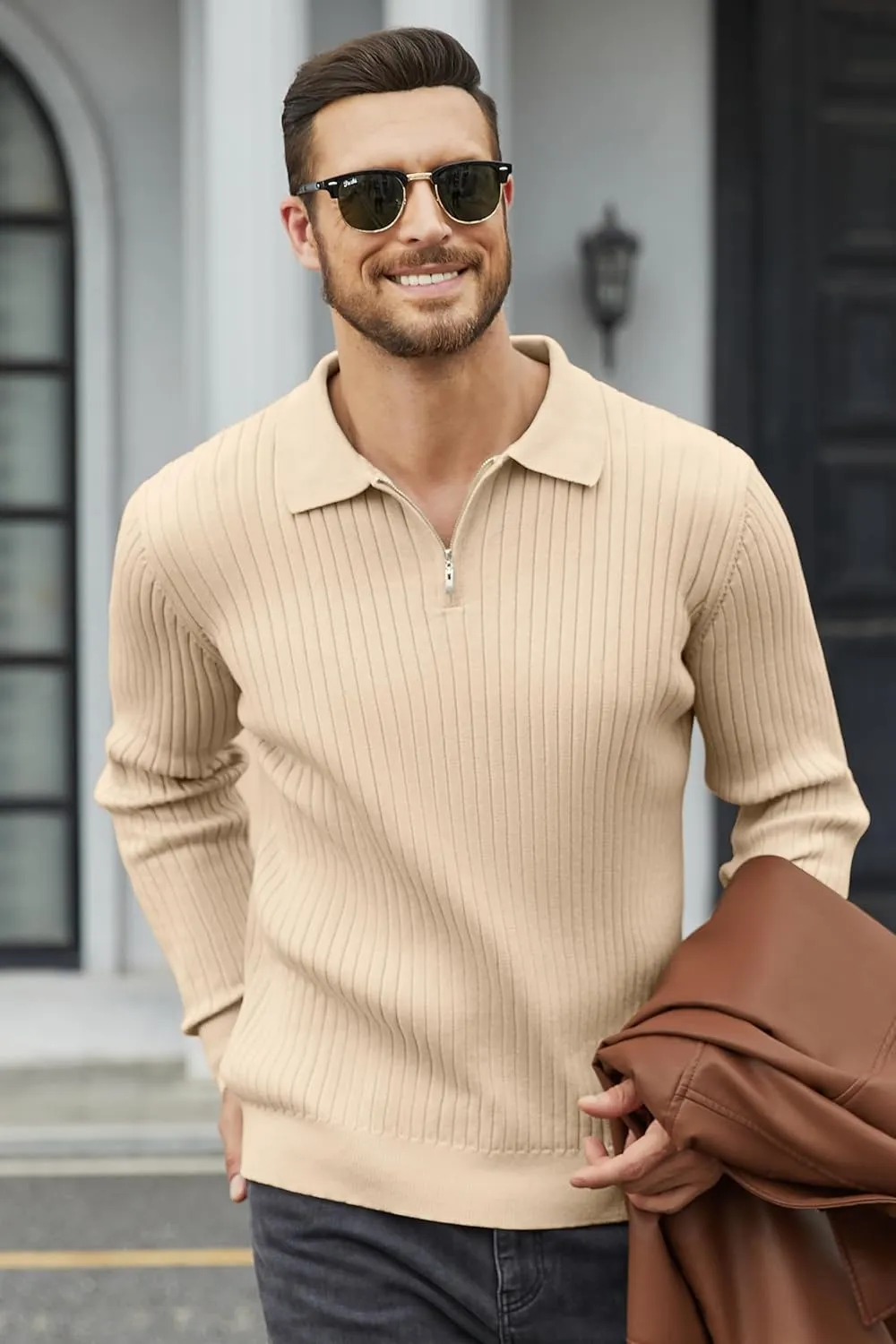 Men's Quarter Zip Up Sweater Slim Fit Mock Neck Long Sleeve Casual Ribbed Knit Sweater