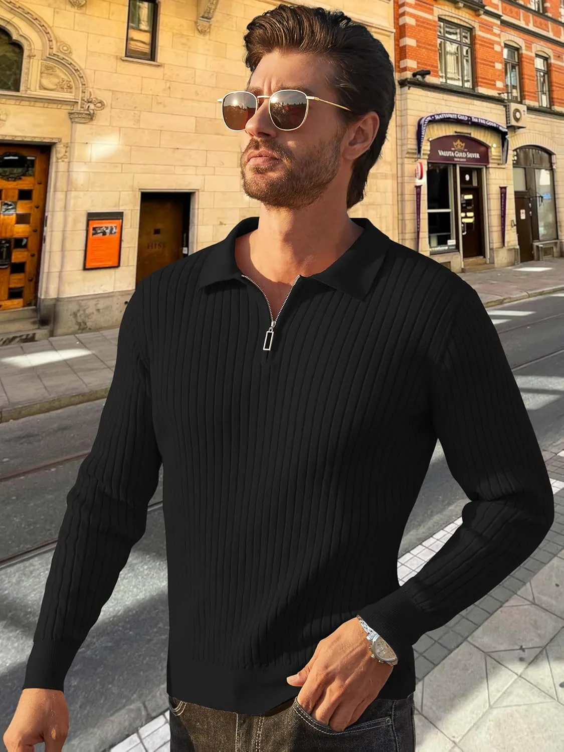 Men's Quarter Zip Up Sweater Slim Fit Mock Neck Long Sleeve Casual Ribbed Knit Sweater
