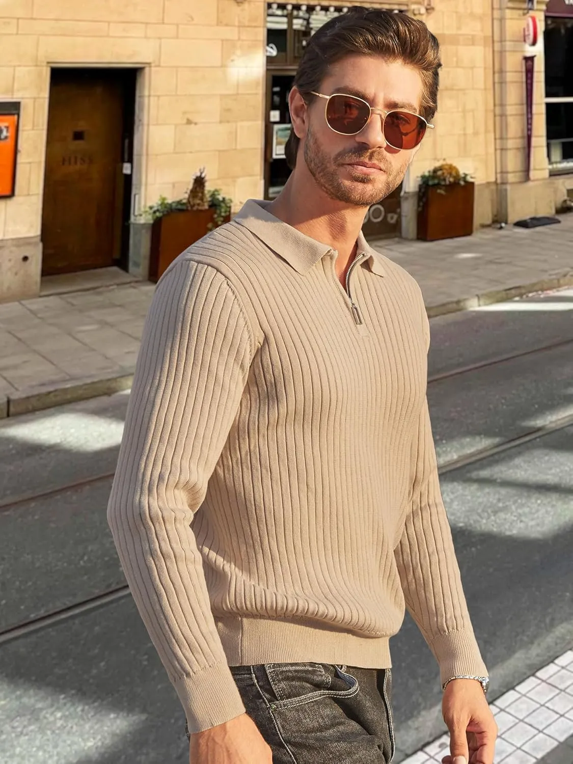Men's Quarter Zip Up Sweater Slim Fit Mock Neck Long Sleeve Casual Ribbed Knit Sweater