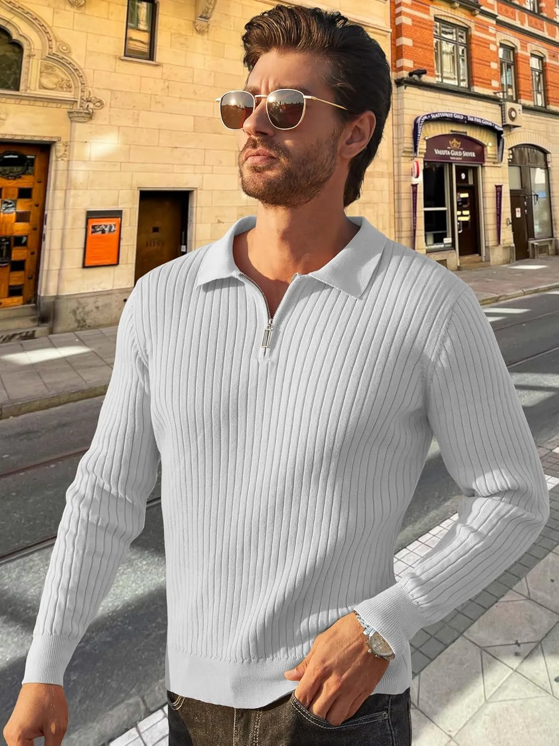 Men's Quarter Zip Up Sweater Slim Fit Mock Neck Long Sleeve Casual Ribbed Knit Sweater