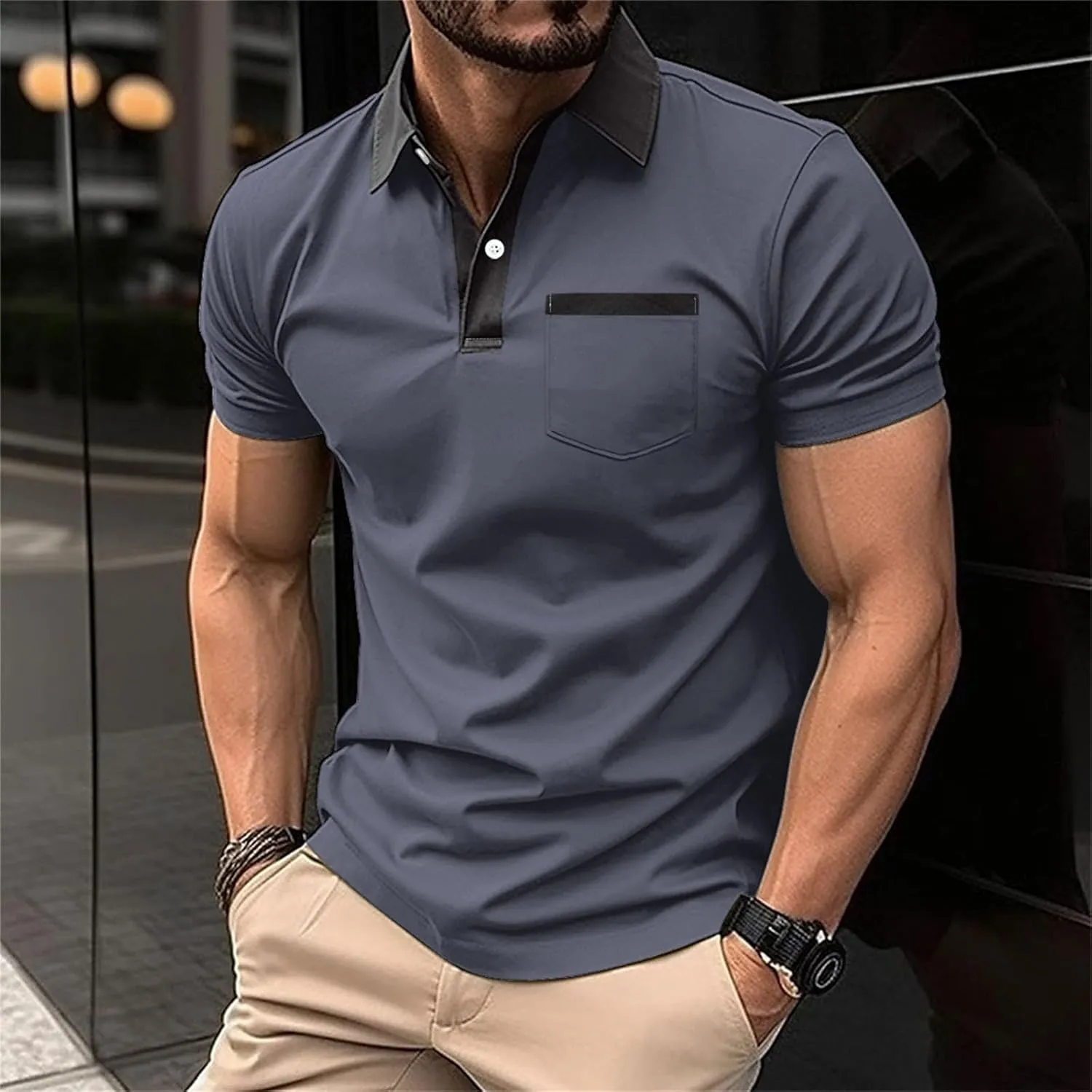Men's Shirts Casual Stylish Button Down Short Sleeve Polo Shirts Patchwork Summer Shirts Loose Athletic Pullover Tees