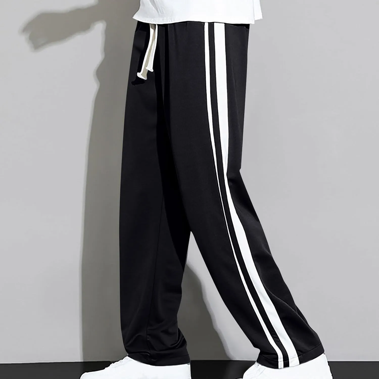 Mens Stripe Sweatpants Straight Leg Pants Drawstring Trousers Jogger Tracksuit Bottoms Elastic Waist Pant Loose Trouser