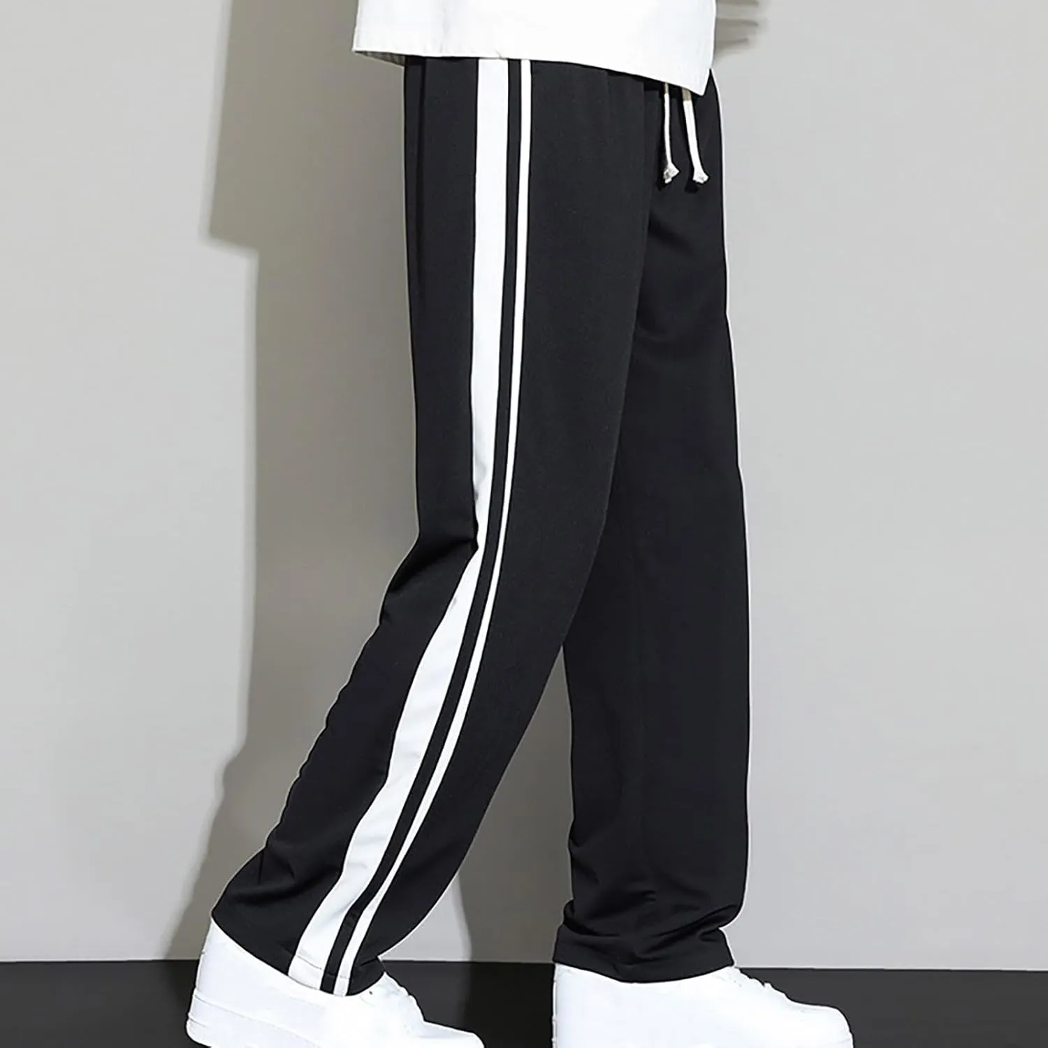 Mens Stripe Sweatpants Straight Leg Pants Drawstring Trousers Jogger Tracksuit Bottoms Elastic Waist Pant Loose Trouser