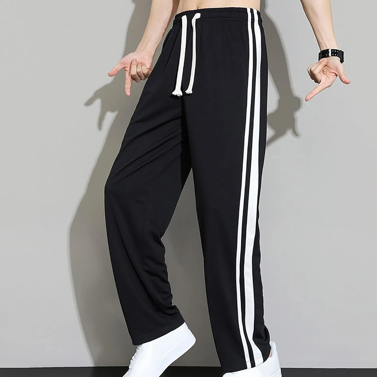 Mens Stripe Sweatpants Straight Leg Pants Drawstring Trousers Jogger Tracksuit Bottoms Elastic Waist Pant Loose Trouser