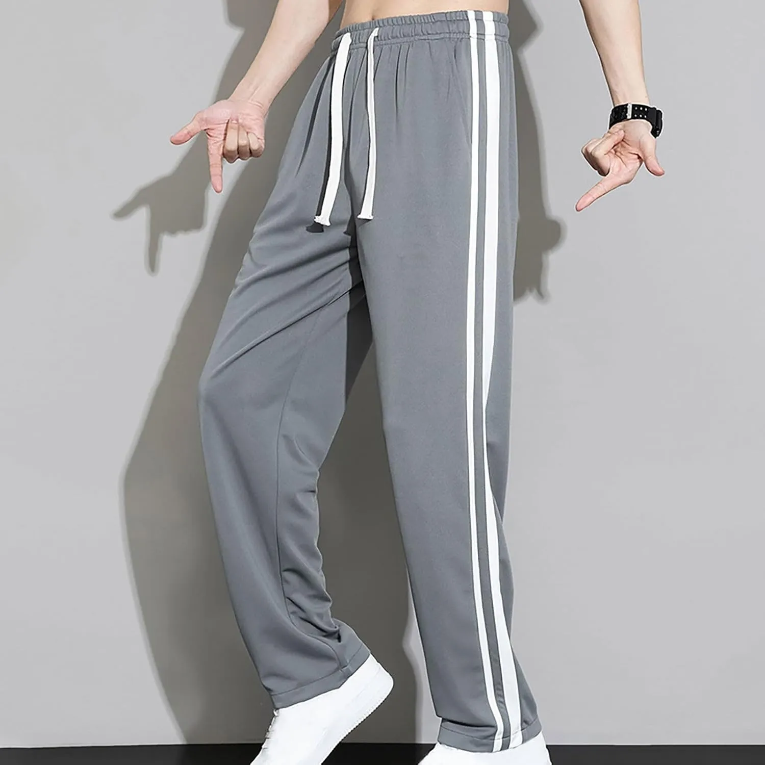 Mens Stripe Sweatpants Straight Leg Pants Drawstring Trousers Jogger Tracksuit Bottoms Elastic Waist Pant Loose Trouser