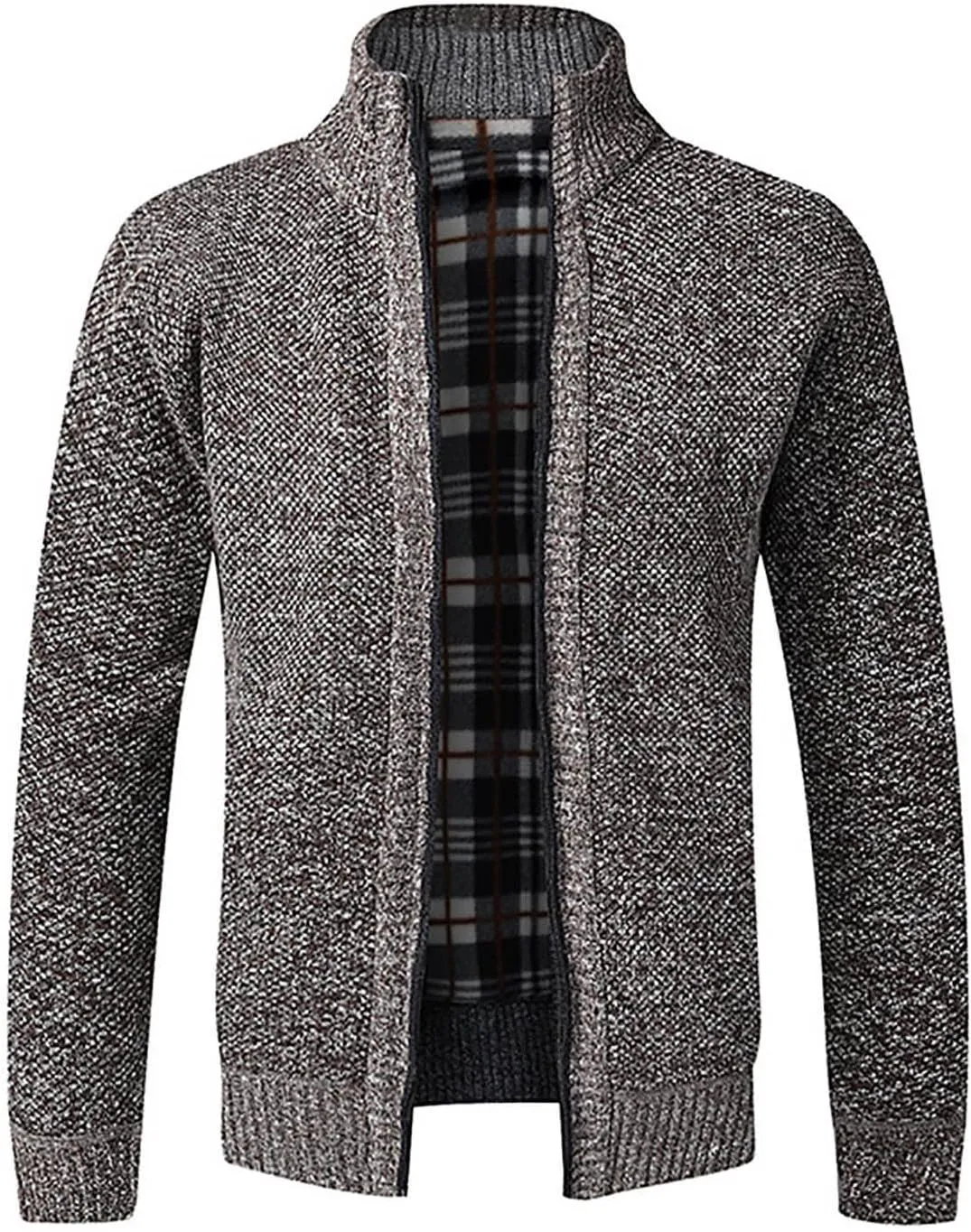 Mens Sweater Cardigan Zip Up Cable Knit Stand Collar Sweater Coat Regular Fit Fleece Lined Winter Warm Knitwear