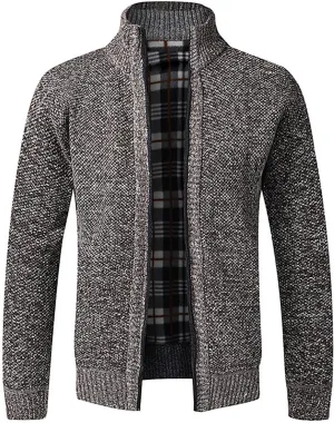 Mens Sweater Cardigan Zip Up Cable Knit Stand Collar Sweater Coat Regular Fit Fleece Lined Winter Warm Knitwear