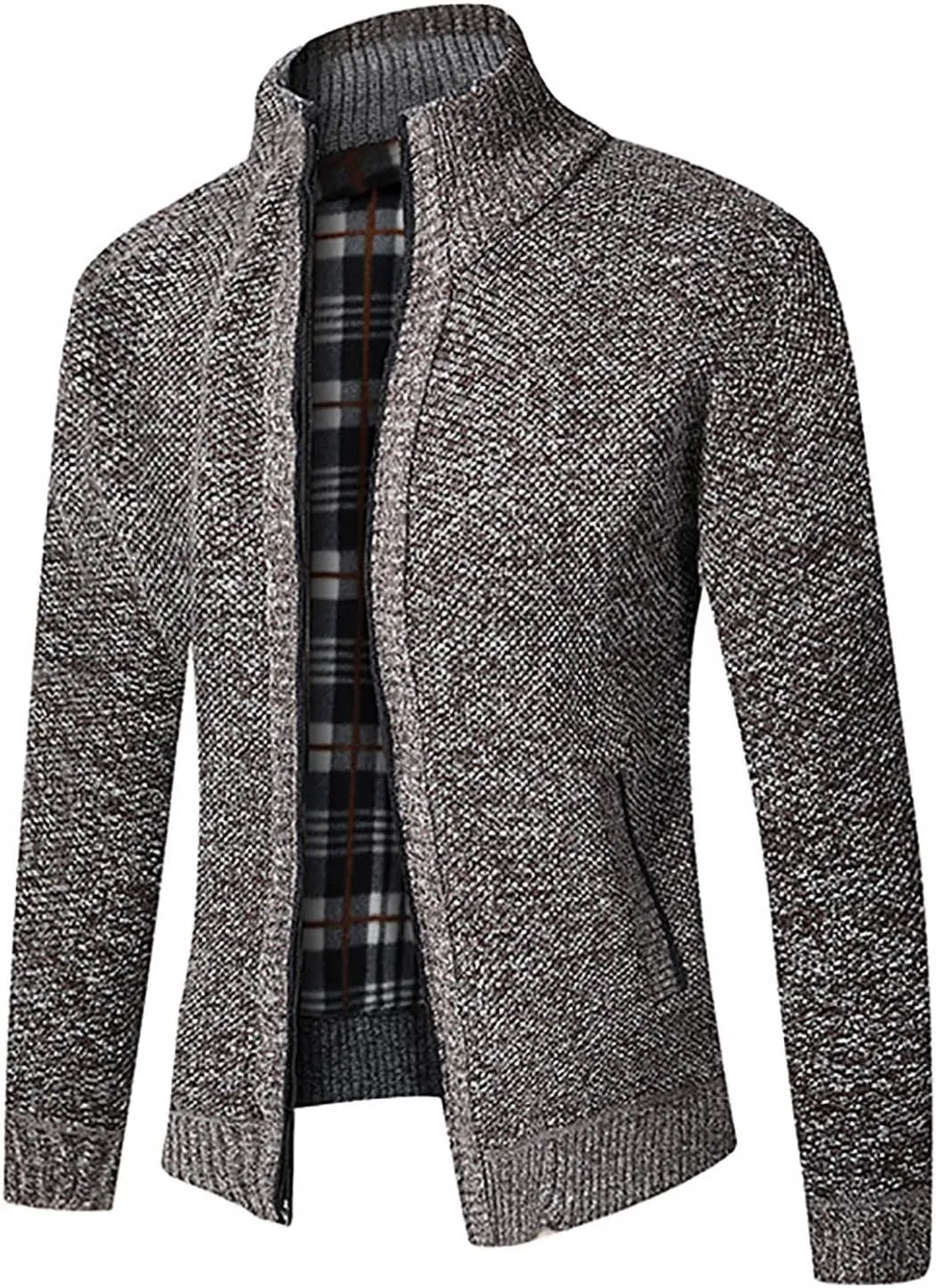 Mens Sweater Cardigan Zip Up Cable Knit Stand Collar Sweater Coat Regular Fit Fleece Lined Winter Warm Knitwear