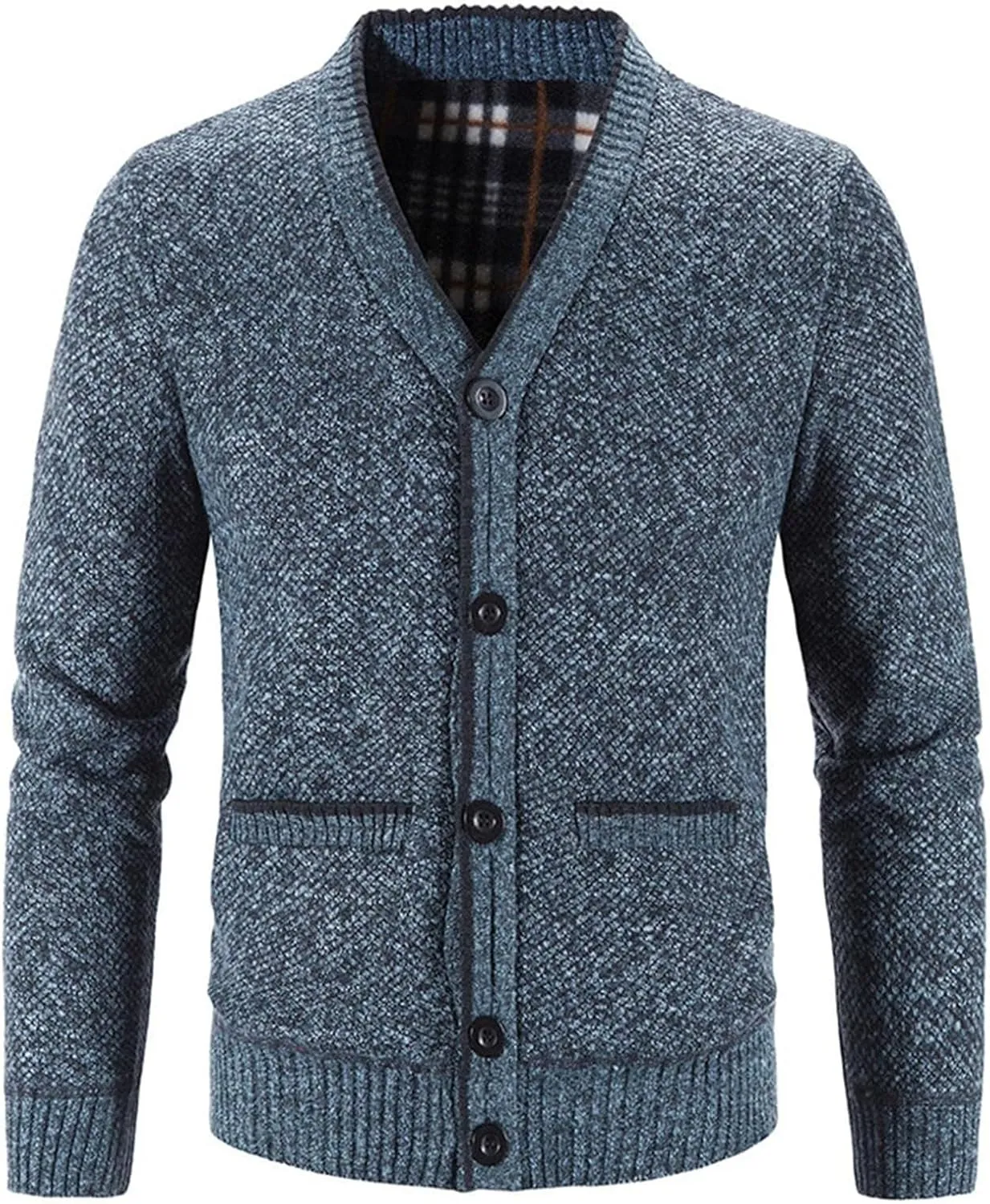 Men's V Neck Cardigan Sweaters Slim Fit Button Up Knitwear Fleece Long Sleeve Ribbed Sweater Jacket