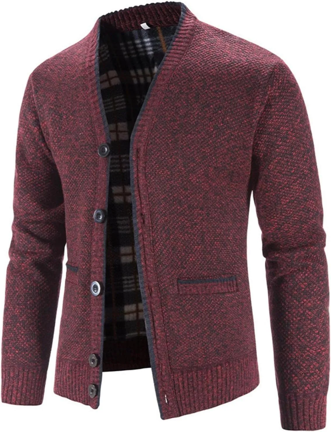 Men's V Neck Cardigan Sweaters Slim Fit Button Up Knitwear Fleece Long Sleeve Ribbed Sweater Jacket