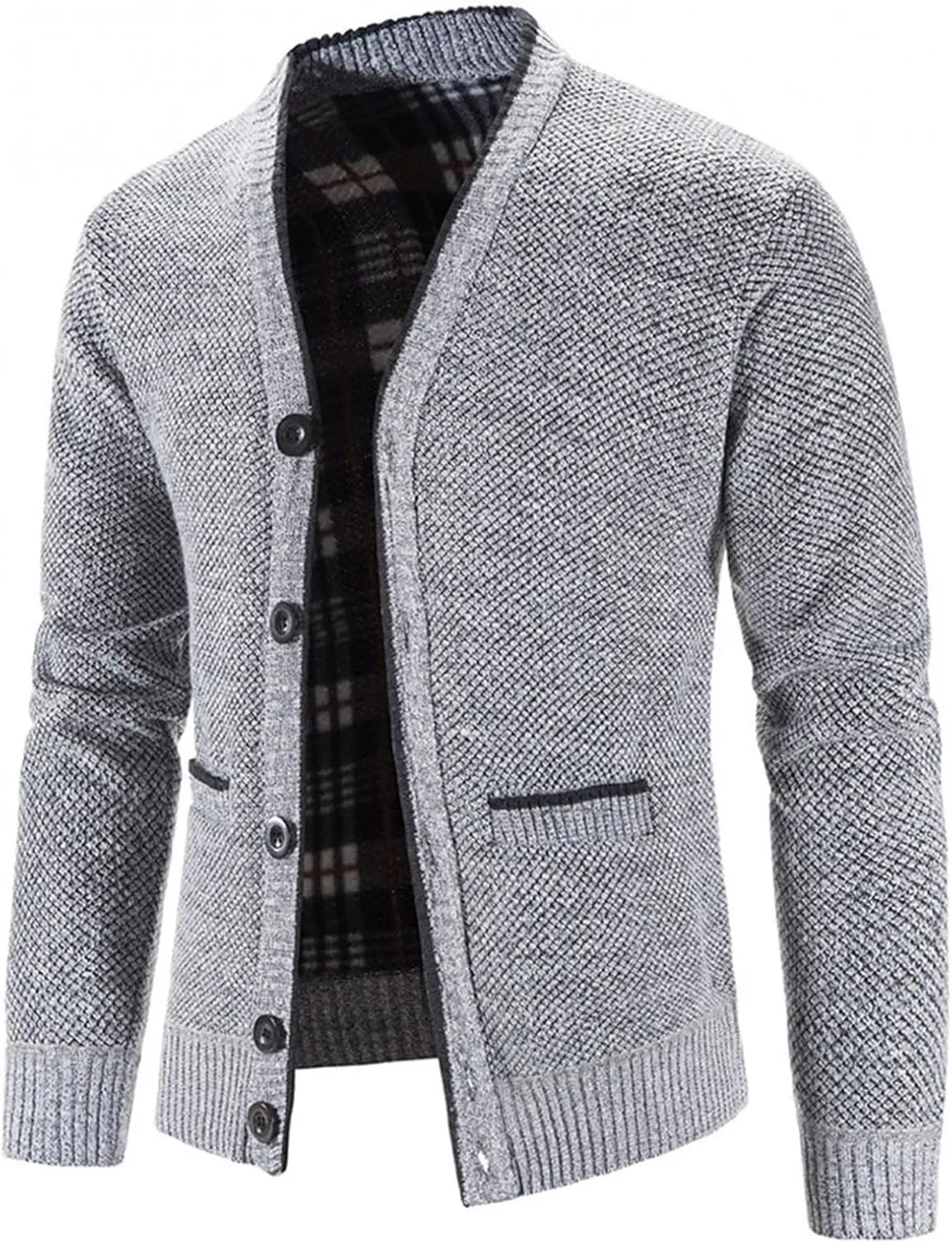 Men's V Neck Cardigan Sweaters Slim Fit Button Up Knitwear Fleece Long Sleeve Ribbed Sweater Jacket