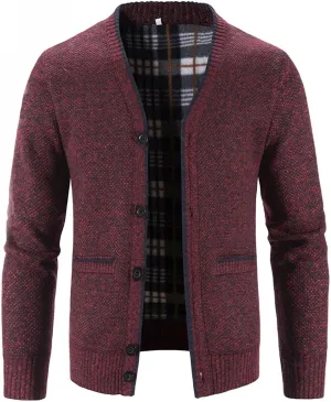 Men's V Neck Cardigan Sweaters Slim Fit Button Up Knitwear Fleece Long Sleeve Ribbed Sweater Jacket
